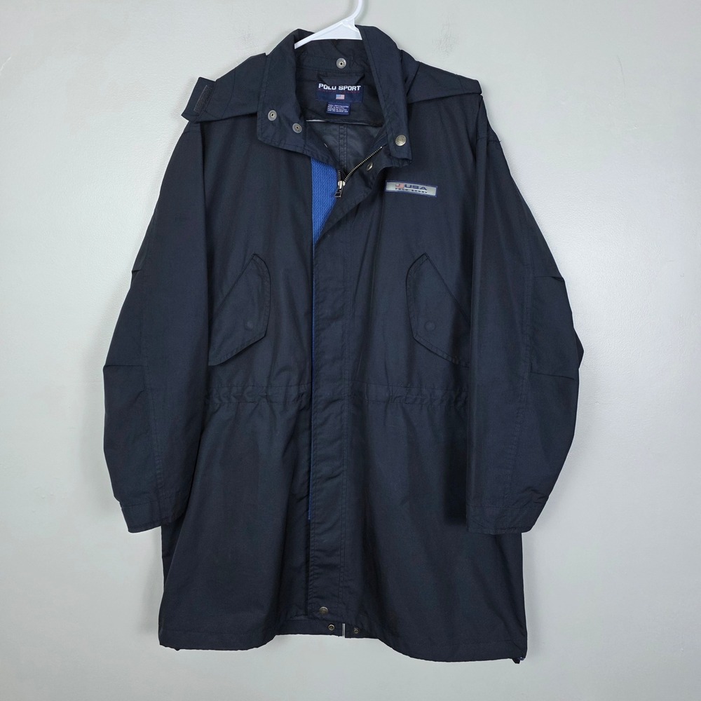 Vintage Polo Sport 90s Ralph Lauren Slicker Jacket USA Spellout Rain Coat Parka